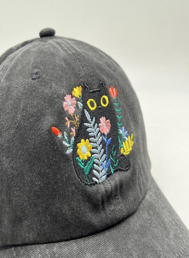 AIMASTZ Flower Black Cat Hat,Embroidered Adjustable Cotton Baseball Cap for Men Women,Gifts for Cat Lovers,Black - Image 4
